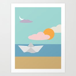 minimal paper boat on the sea Art Print