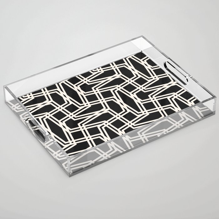 Vintage seamless pattern with diagonal stripes, thin crossing lines, chevron, zigzag, mesh, grid. Simple minimalist black and white texture. Abstract geometric background. Repeat monochrome design Acrylic Tray