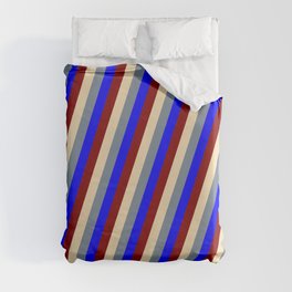 [ Thumbnail: Tan, Light Slate Gray, Blue, and Maroon Colored Pattern of Stripes Duvet Cover ]