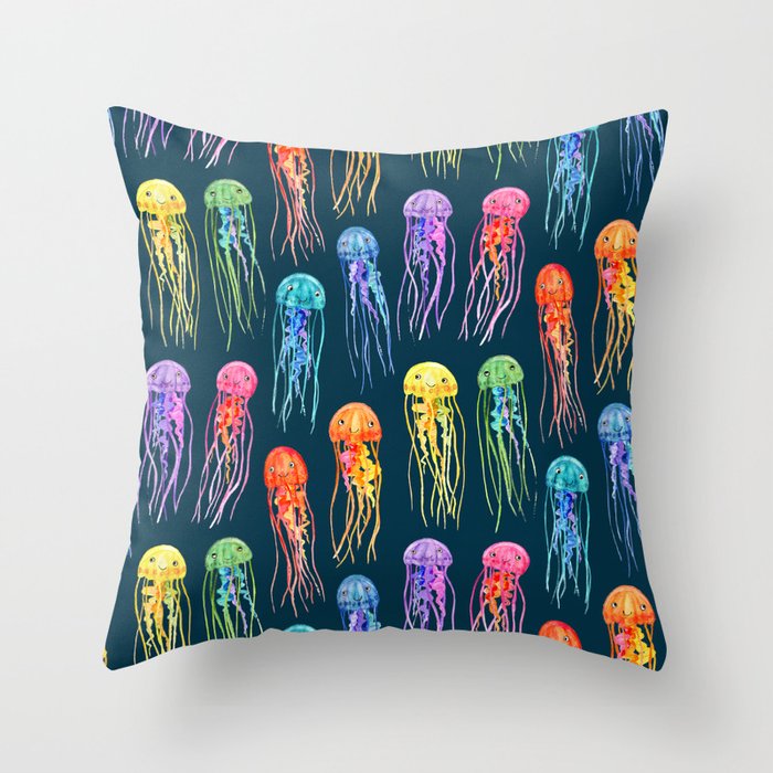 Rainbow Watercolor Jellies on Dark Teal Throw Pillow