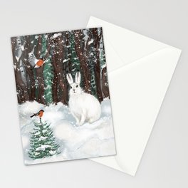 White rabbit in the snowy forest Stationery Cards