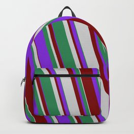 [ Thumbnail: Purple, Maroon, Light Gray, and Sea Green Colored Stripes Pattern Backpack ]