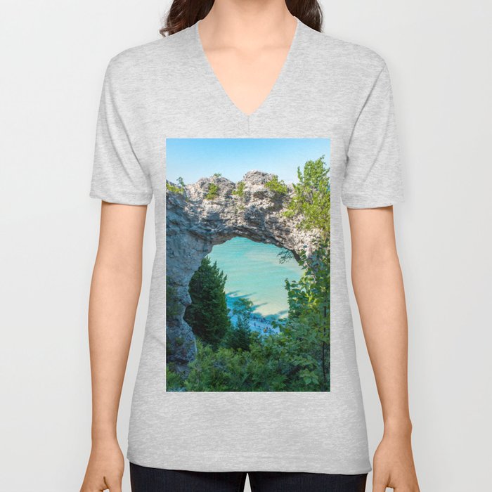 Looking at Lake Michigan through Arch Rock on Mackinac Island in Michigan V Neck T Shirt