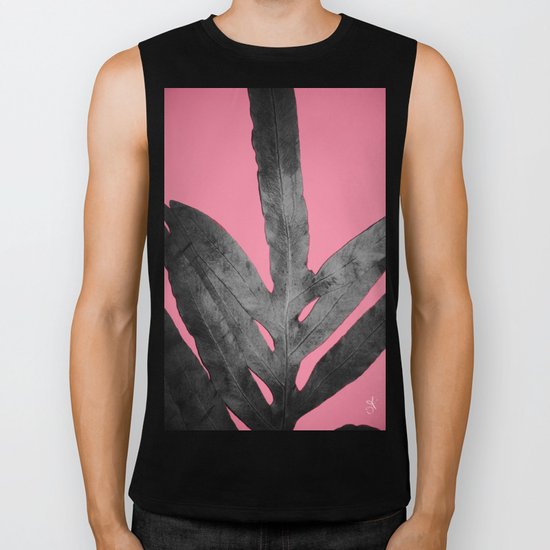 Green Fern on Pink - Black Shadow Biker Tank