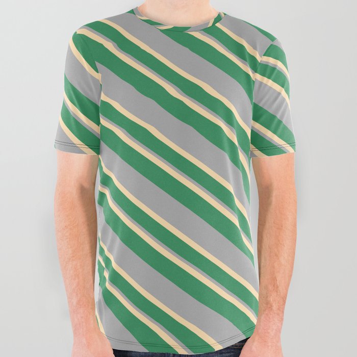 Tan, Sea Green, and Dark Gray Colored Stripes/Lines Pattern All Over Graphic Tee