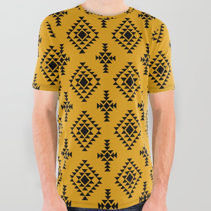 Mustard and Black Native American Tribal Pattern All Over Graphic Tee