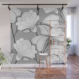 Seamless Monochrome Floral Pattern. Hand Drawn Floral Texture, Decorative Flowers Wall Mural
