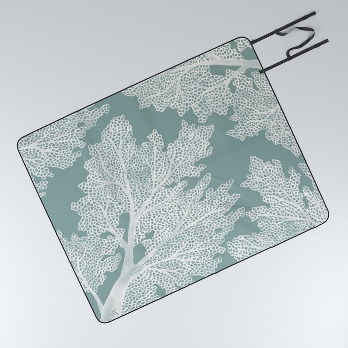 Sea Fan Coral – White on Mint Picnic Blanket