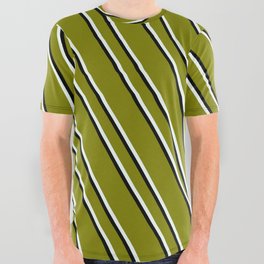 [ Thumbnail: Green, Mint Cream & Black Colored Lined Pattern All Over Graphic Tee ]