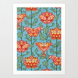 Mid-Century Moth Damask - Spring Morning Art Print | Orangebutterflies, Detailed, Floral, Mothdesign, Bluecoral, Redbutterflies, Mothpattern, Moth, Flowersmoths, Artnouveau 