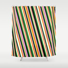[ Thumbnail: Eye-catching Forest Green, Black, Plum, Dark Orange, and White Colored Striped Pattern Shower Curtain ]
