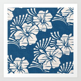 Hawaiian Block Print / Hibiscus Flowers in Cream and Ocean Blue Art Print