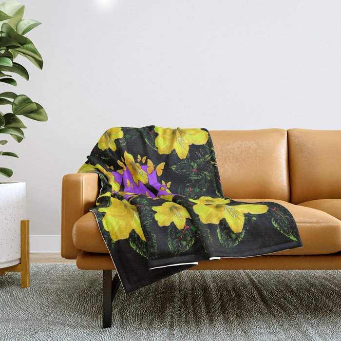 BLACK ART  YELLOW AMARYLLIS FLOWERS BUTTERFLY FLORAL Throw Blanket