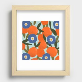 Clementine Orange Blue Flowers Pattern Leaves Recessed Framed Print