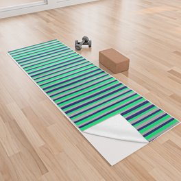 [ Thumbnail: Midnight Blue, Green, and Grey Colored Stripes/Lines Pattern Yoga Towel ]