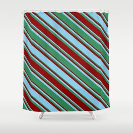 [ Thumbnail: Sky Blue, Sea Green, and Dark Red Colored Lined/Striped Pattern Shower Curtain ]