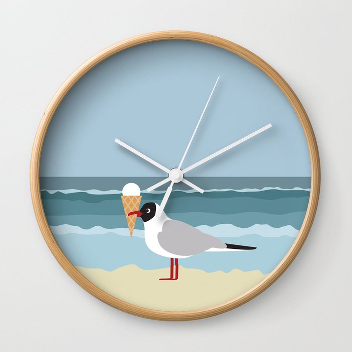 Cute seagull with ice cream by the sea Wall Clock