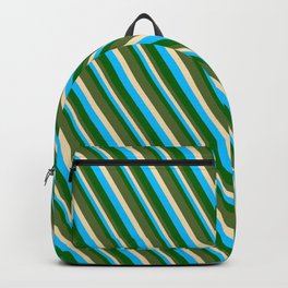 [ Thumbnail: Deep Sky Blue, Dark Green, Dark Olive Green & Tan Colored Pattern of Stripes Backpack ]