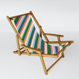 [ Thumbnail: Coral, Light Yellow, Light Sky Blue, Green & Dark Slate Blue Colored Lined/Striped Pattern Sling Chair ]