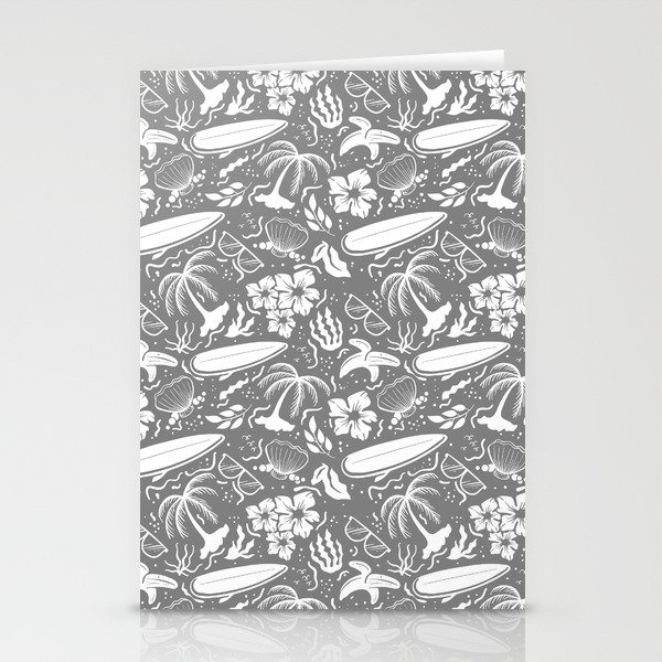 Grey and White Surfing Summer Beach Objects Seamless Pattern Stationery Cards