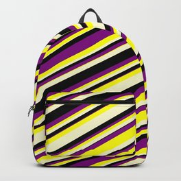 [ Thumbnail: Purple, Yellow, Light Yellow & Black Colored Lines/Stripes Pattern Backpack ]