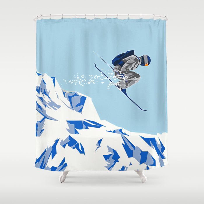Airborn Skier Flying Down the Ski Slopes Shower Curtain