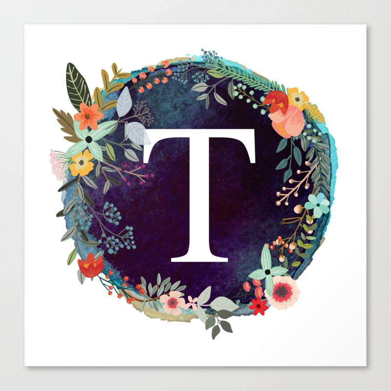 Letter T Floral Monogram Initial Low Profile Novelty Cork Coaster Set 