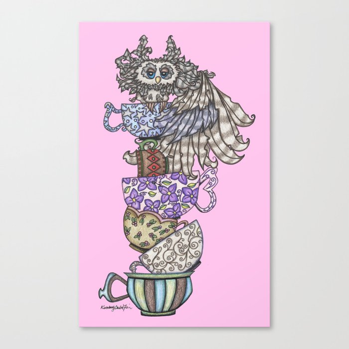 Owlice Wants Another Cup of Tea Pink Canvas Print