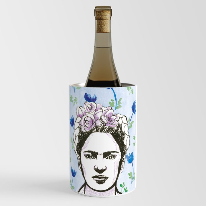Frida Kahlo portrait  Floral watercolor blue green purple Wine Chiller
