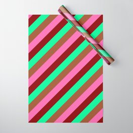 [ Thumbnail: Green, Sienna, Hot Pink, and Dark Red Colored Lined/Striped Pattern Wrapping Paper ]