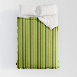 [ Thumbnail: Chartreuse, Coral, and Dark Slate Gray Colored Lines/Stripes Pattern Comforter ]