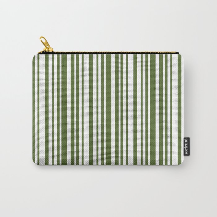 Dark Olive Green & White Colored Stripes Pattern Carry-All Pouch