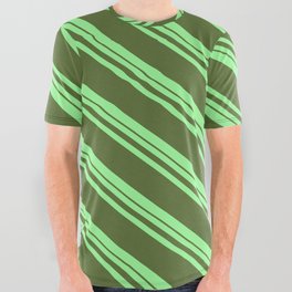 [ Thumbnail: Green and Dark Olive Green Colored Striped Pattern All Over Graphic Tee ]
