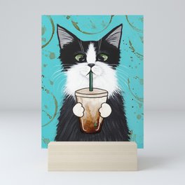 Tuxedo Cat With Iced Coffee Mini Art Print
