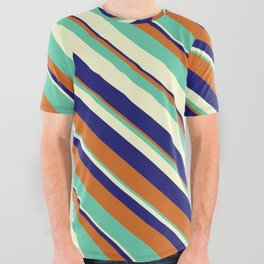 [ Thumbnail: Midnight Blue, Chocolate, Aquamarine & Light Yellow Colored Pattern of Stripes All Over Graphic Tee ]