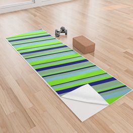 [ Thumbnail: Sky Blue, Chartreuse, Blue & Dark Sea Green Colored Lines Pattern Yoga Towel ]