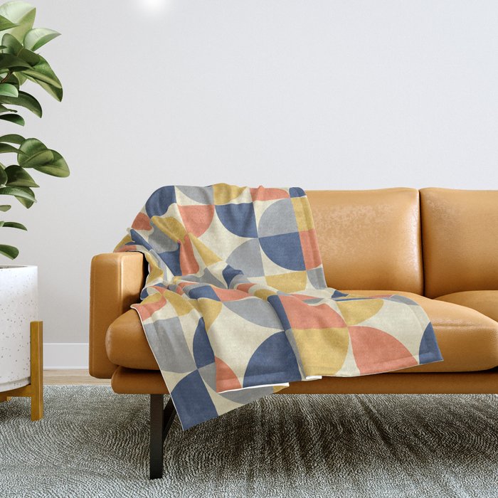 Mid Century Modern Geometric Decoration 330 Blue Yellow Orange Gray and Beige Throw Blanket