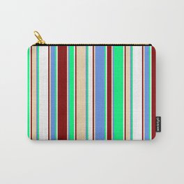 [ Thumbnail: Vibrant Green, Cornflower Blue, Tan, Maroon, and White Colored Lines Pattern Carry-All Pouch ]