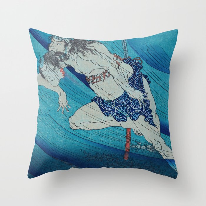 Samurai Swimming Underwater - Antique Japanese Ukiyo-e Woodblock Print Art Throw Pillow