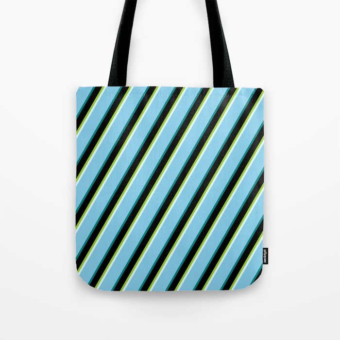 Eye-catching Green, Light Cyan, Sky Blue, Teal & Black Colored Stripes/Lines Pattern Tote Bag
