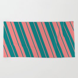 [ Thumbnail: Light Coral & Teal Colored Striped/Lined Pattern Beach Towel ]
