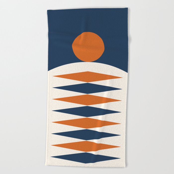 Abstract Geometric Sunrise 20 in Navy Blue Orange Beach Towel