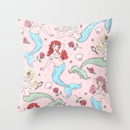 Mermaids and Roses on Pink Throw Pillow