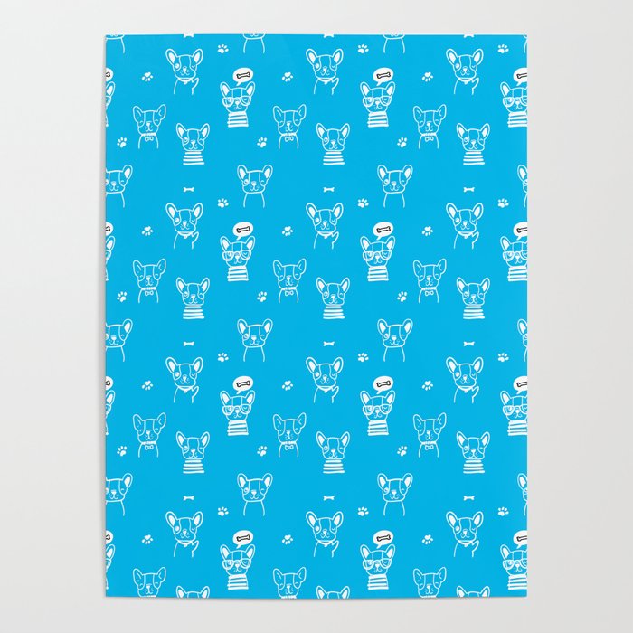 Turquoise and White Hand Drawn Dog Puppy Pattern Poster