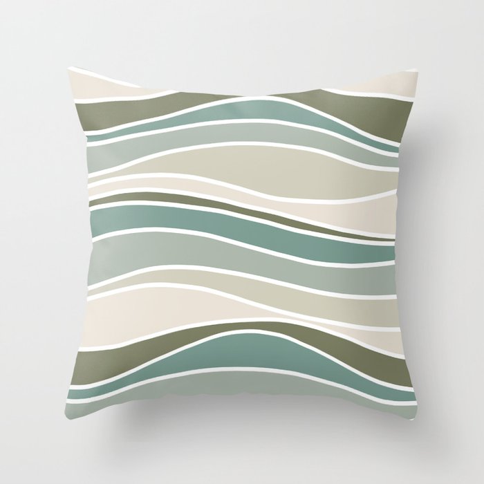 Retro Wavy Lines Pattern Green, Teal, Grey and Beige Throw Pillow