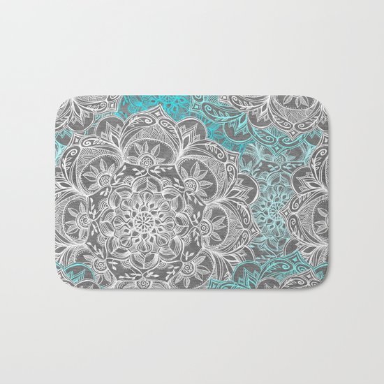 Turquoise & White Mandalas on Grey Bath Mat