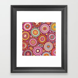 Bohemian MCM Funky Circle Pattern // Plum Purple, Orange, Turquoise, Yellow, Orange, Fuchsia Pink, Light Khaki Tan Framed Art Print