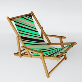 [ Thumbnail: Green, Tan, and Black Colored Striped/Lined Pattern Sling Chair ]