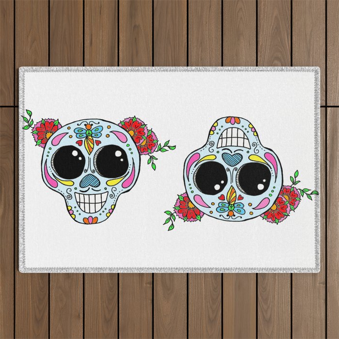 Sugar skull with flowers and bee Outdoor Rug