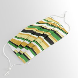 [ Thumbnail: Colorful Goldenrod, Tan, Black, Forest Green & White Colored Stripes Pattern Face Mask ]